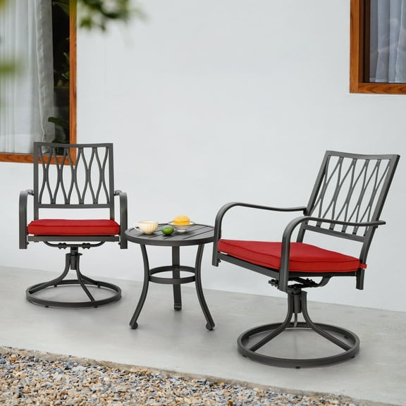 Nuu Garden Outdoor 3-Piece Bistro Set, Iron Swivel Chairs with Red Cushions and 20’’ Round Bistro Table, Powder-Coated Iron Frame for Outdoor and Indoor Space, Black