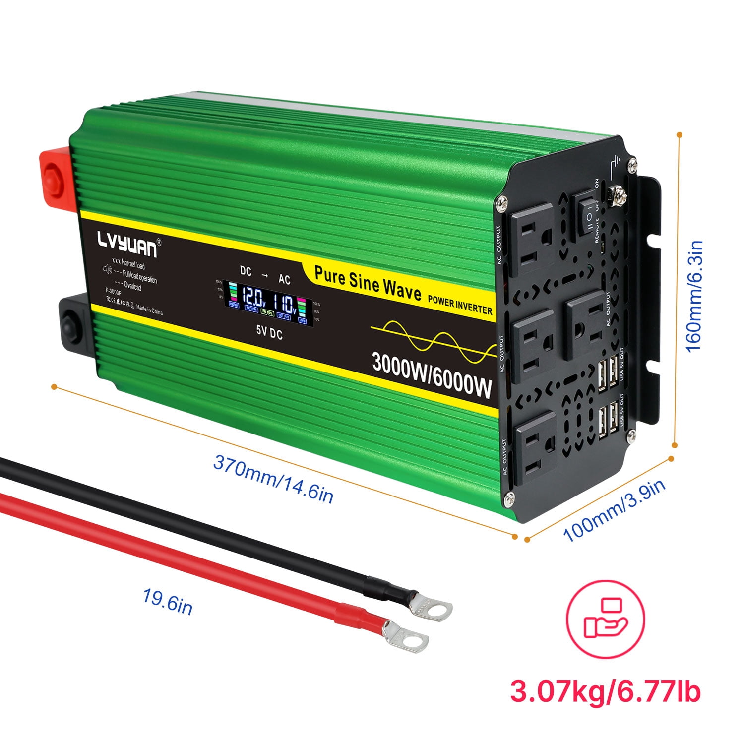 LVYUAN 3000W Pure Sine Wave Power Inverter 6000W Peak DC 12V to AC 110V Car Converter with LCD Display, Remote Control, 4 AC & 4 USB Ports, for Car, RV, Truck, Camping, Off-Grid, Home Backup Green
