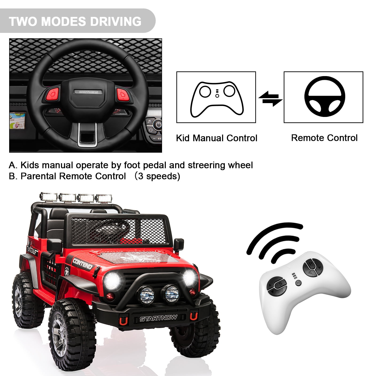 PWFE 12 Volt Kids Electric Car Kids Ride On Car with Remote Control,  2 Seats Kids Truck with LED Lights, Wheels Suspension, Music, Horn, 110lbs Load(Red)