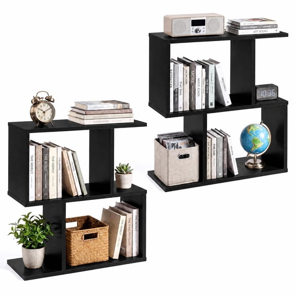 Costway 2 PCS 2-Tier Bookshelf Free Standing Wooden Display S-Shaped Shelf Storage Rack Black