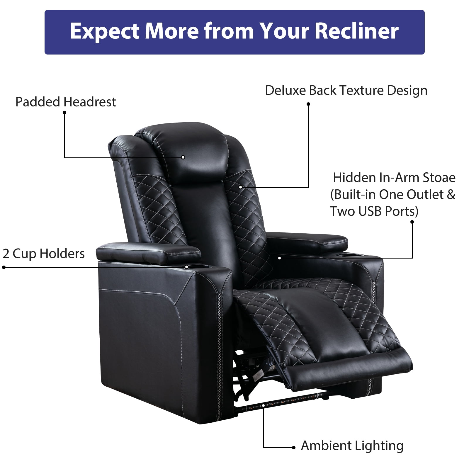 Ebello 35" Wide Adult Man Cave Breathable Leather Argyle Home Theater Individual Seat Recliner Chair with Armrest Storage and LED, Black