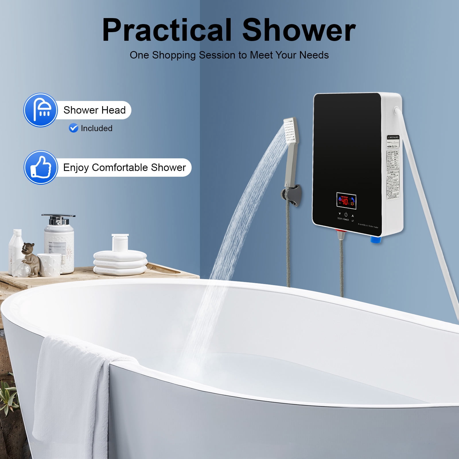 220V Tankless Water Heater Electric Water Heater for bathroom With Shower Head 6000W Black
