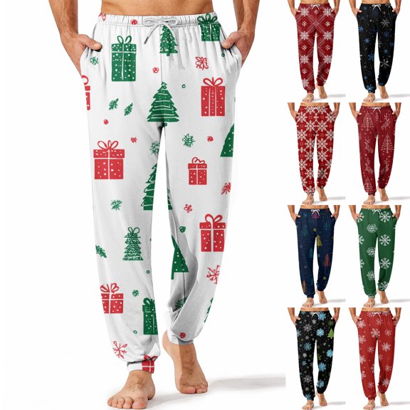 Wutalume Men's Christmas Printed Relaxed Cargo Pants, Elastic Waist with Drawstring, Multi-Pocket Casual Trousers for Christmas, Daily, and Work Wear,Black L
