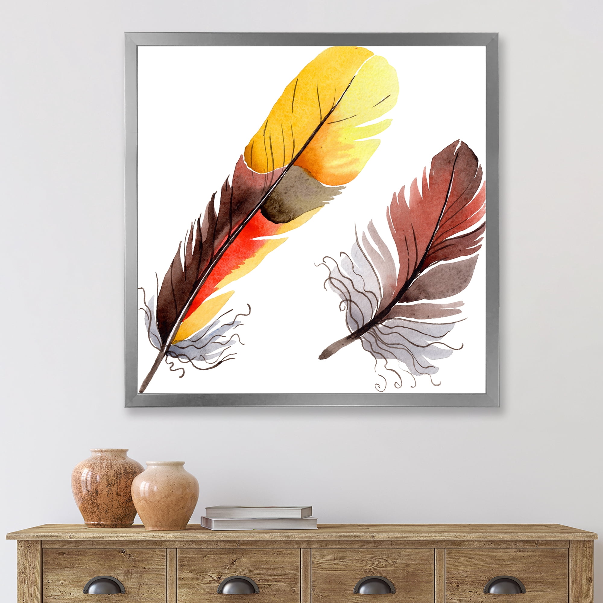 Designart 'Colourful Boho Art Feathers IV' Bohemian & Eclectic Framed Art Print