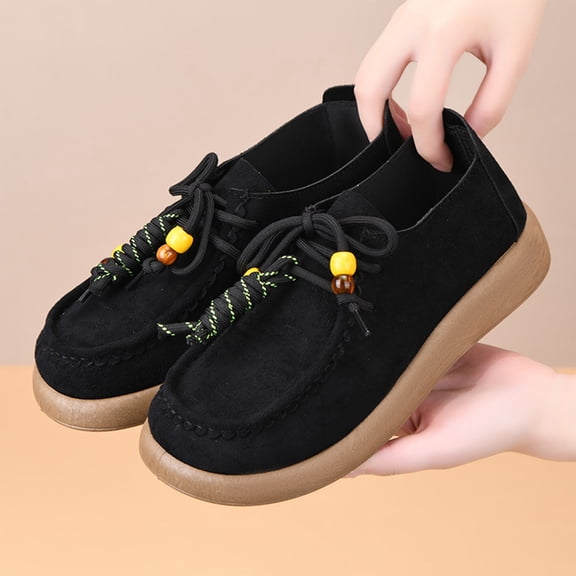 Women’s Scalloped Edge Faux Suede Platform Moccasin Loafers, Wooden Beaded Lace Up Casual Shoes, Soft Cushioned Non Slip Daily Walking Flats