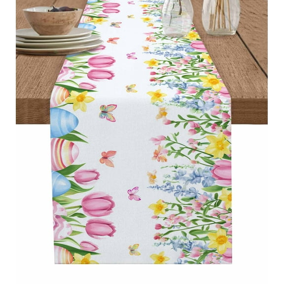 Pink Spring Floral Easter Burlap Cotton Table Runner 14x72 Inches Long, Watercolor Tulip Flowers Farmhouse Table Runners, Outdoor Dining Tablecloths Decor for Baby Shower/Party/Wedding