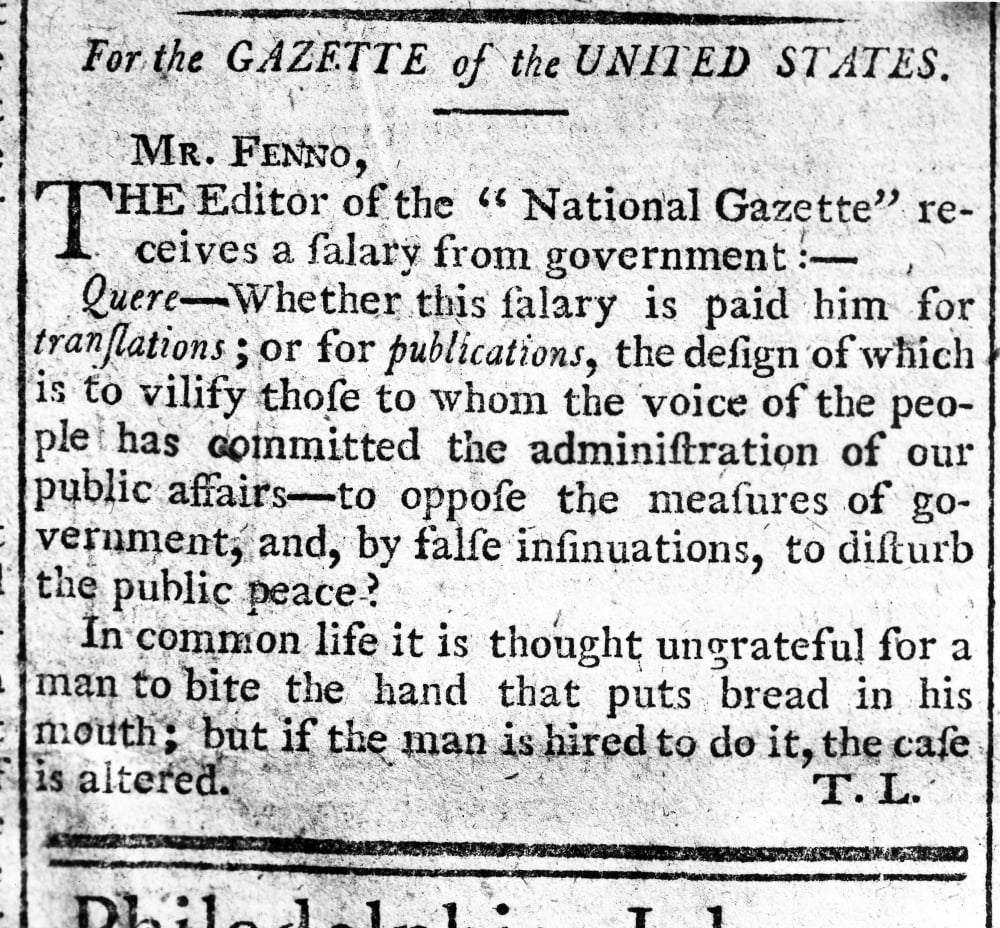 Federalist Newspaper 1792 Nletter From Alexander Hamilton To John Fenno
