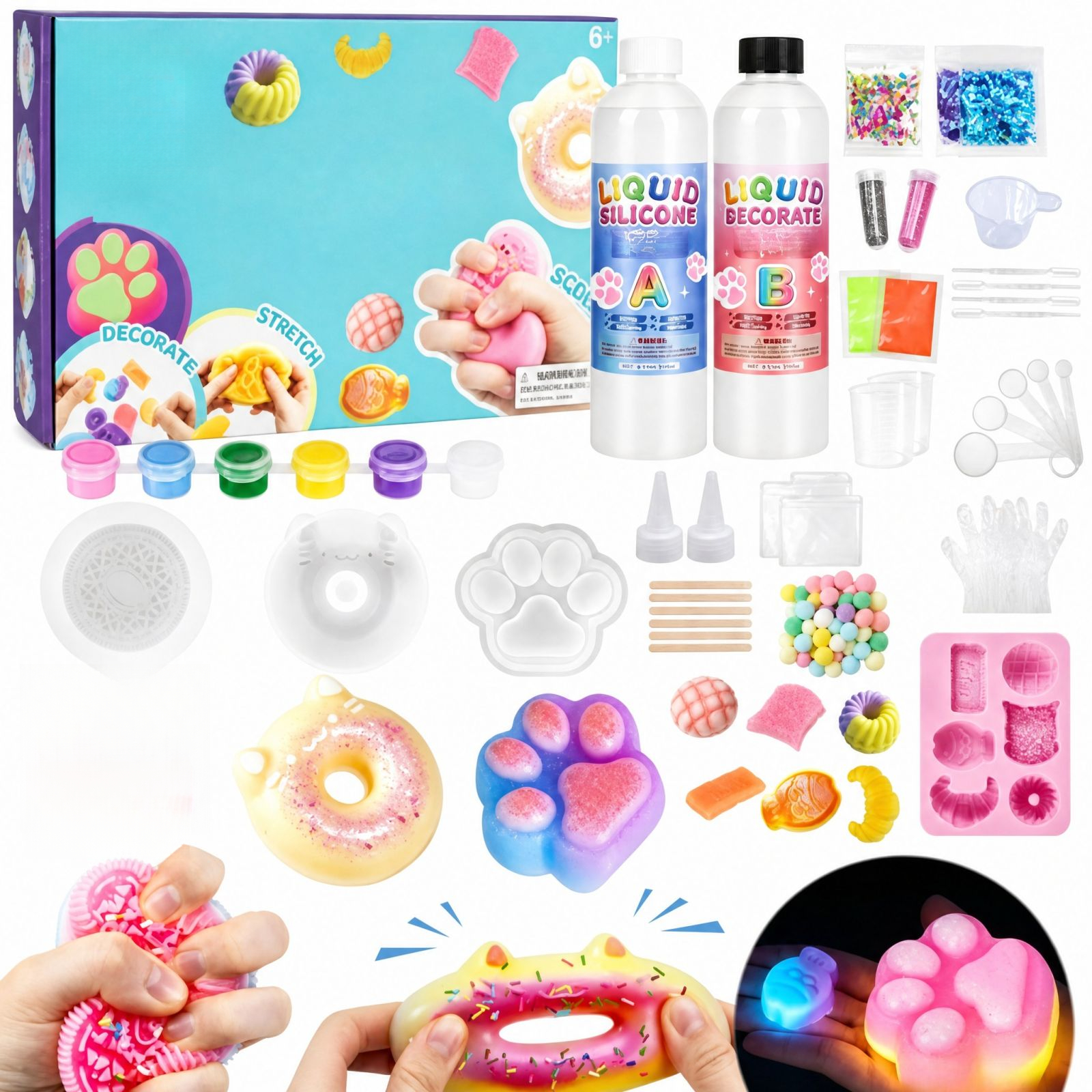 Kiddiway DIY Squishy Glow Toy Kit - Soft Silicone Shaped Craft Set for Play Collection Fun Stress Relief DIY Activity for Kids Adults