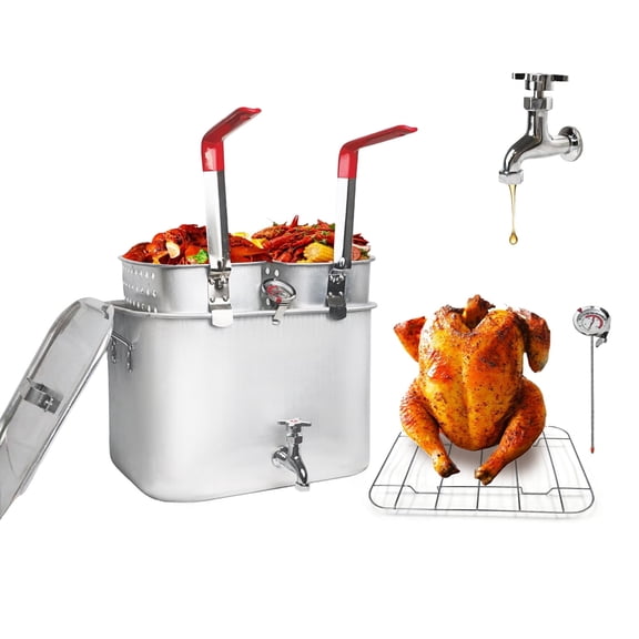 36QT Aluminum Deep Fryer Pot with Baskets &Spigot,Durable Rectangular Fish Fryers with Thermometer,Complete Outdoor Cooking Kit for Frying Fish,Turkey,Crab