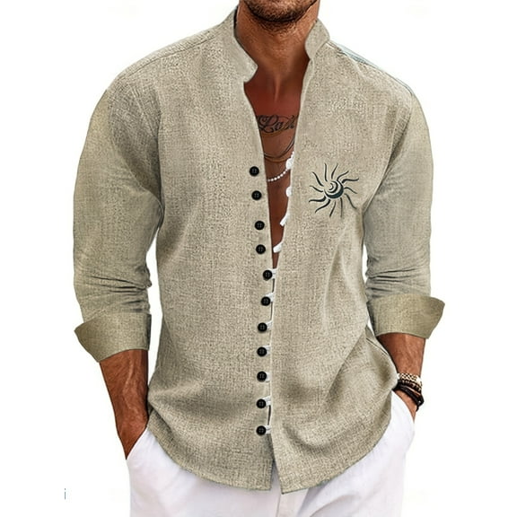 Solid Color Shirts Men Long Sleeve Button Down Wrinkle Blouse Lapel Collar Loose Fit Vintage Work Vacation Tops Beige XL