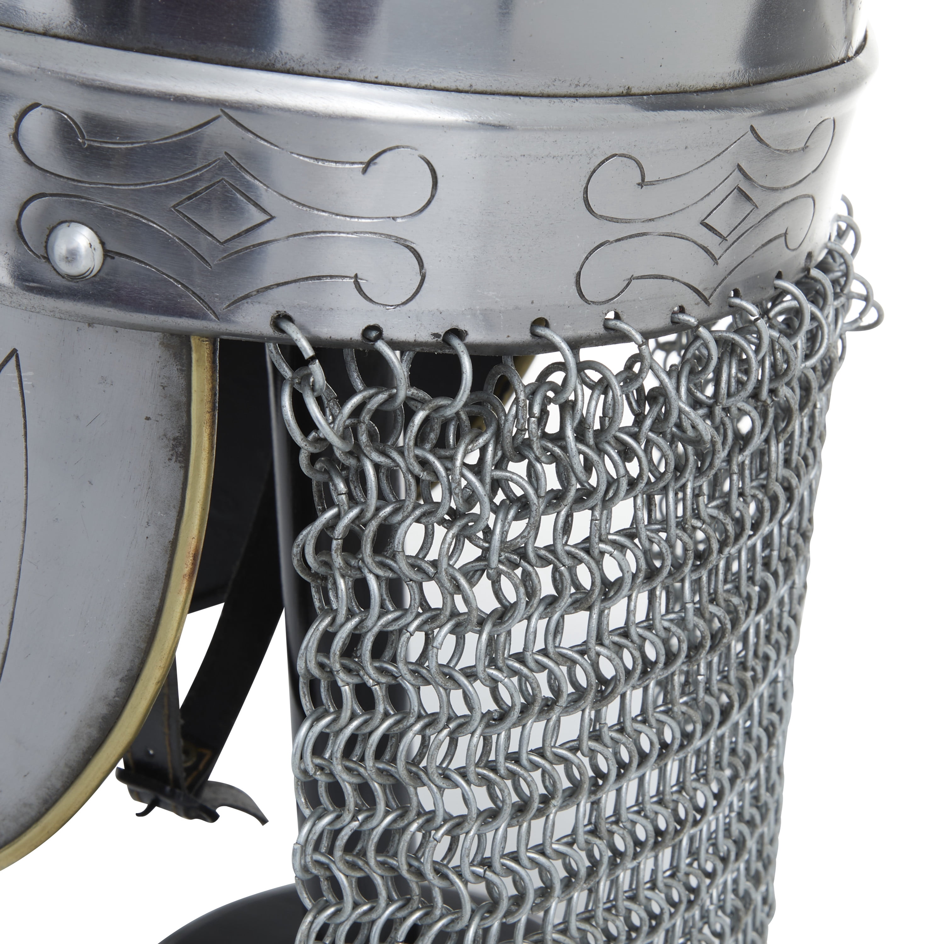 17" Silver Metal Replica Medieval Knight Crusader Helmet with Black Wood Stand and Chainmail, by DecMode