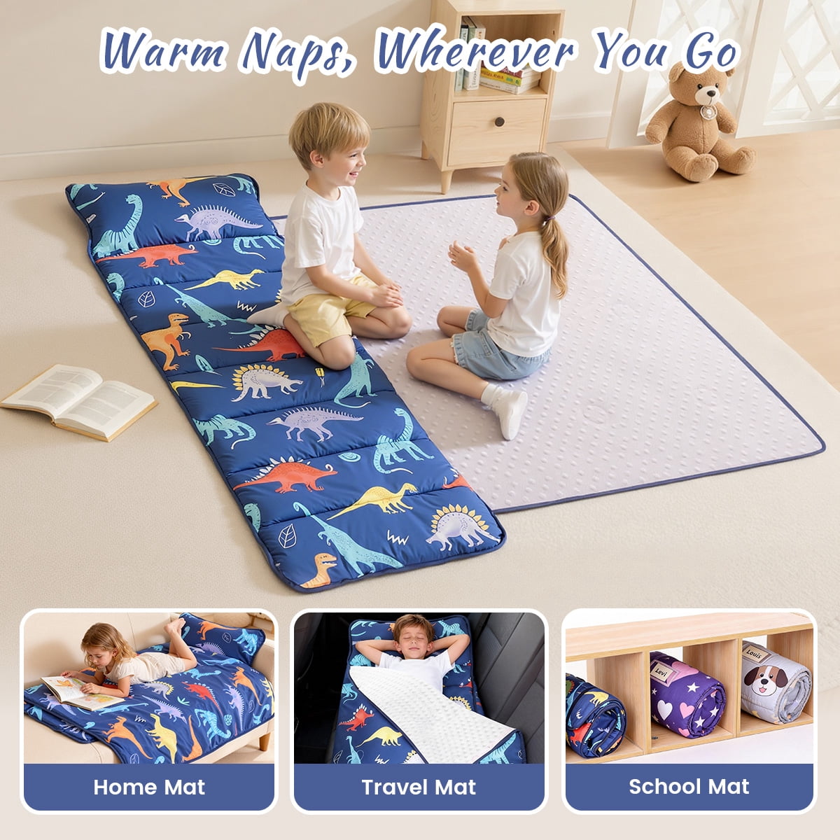 Toddler Nap Mat, Caveen Sleeping Bag with Blanket and Removable Pillow, Portable Slumber Bags for Daycare and Travel, Easy to Roll, 55"x22", Blue