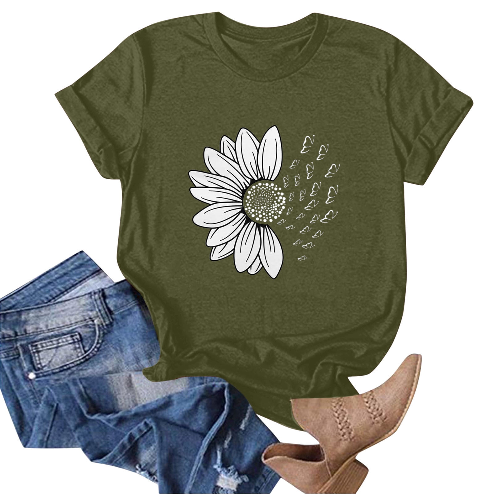 outfmvch t shirts for women summer t shirt plus size loose girl short sleeve graphic casual tees womens tops army green