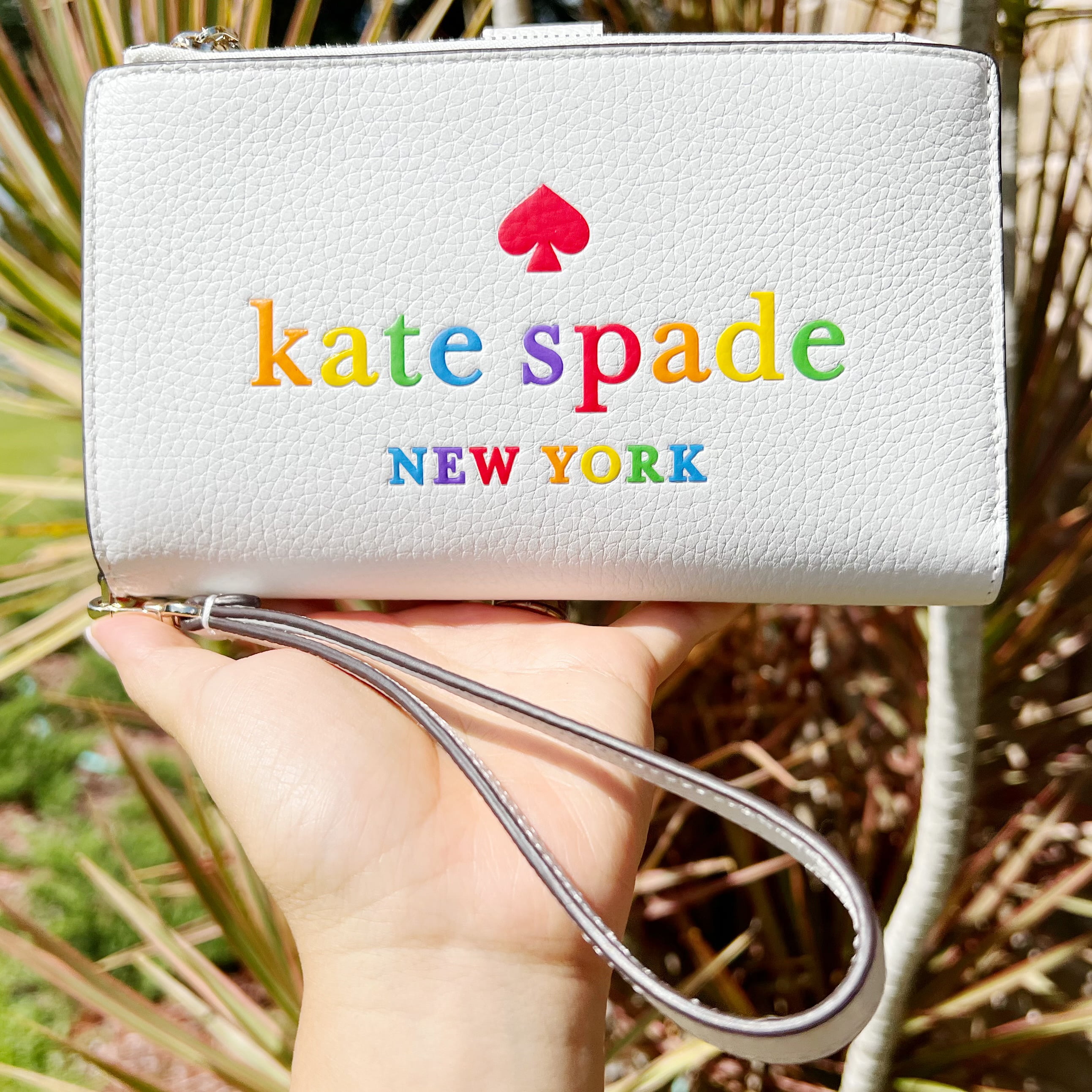 Kate Spade Pride Phone Wallet Wristlet Rainbow Pebbled Leather White