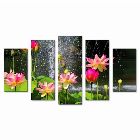 Juego de Cuadros Decorativos, Flores de Loto en Cascada, Estilo Jardín Zen, 5 Piezas, Ideal para Spas y Baños, 150x80cm