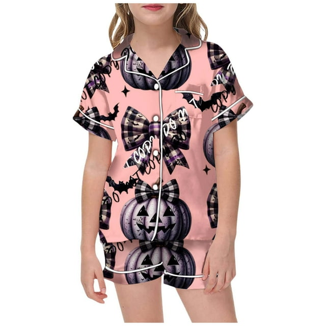 Ediodpoh Halloween Girls' Summer Outfits - Two Piece Set Featuring Short Sleeve Button Down Tops with Patterns Paired with Comfortable Shorts for Kids Casual Wear Kids Casual Set Pink 6-7 Years