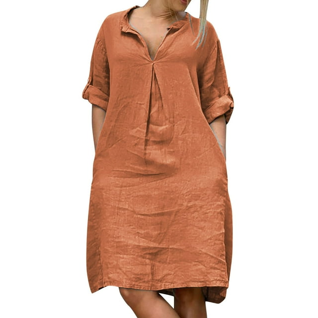 Hyknon Robe d'Été pour Femmes à Col en V, Manches Courtes, Unie, T-Shirts Basiques, Robe Décontractée de Plage, Robes Midi, Grande Taille, Robe de Plage avec Poche, P-5TG