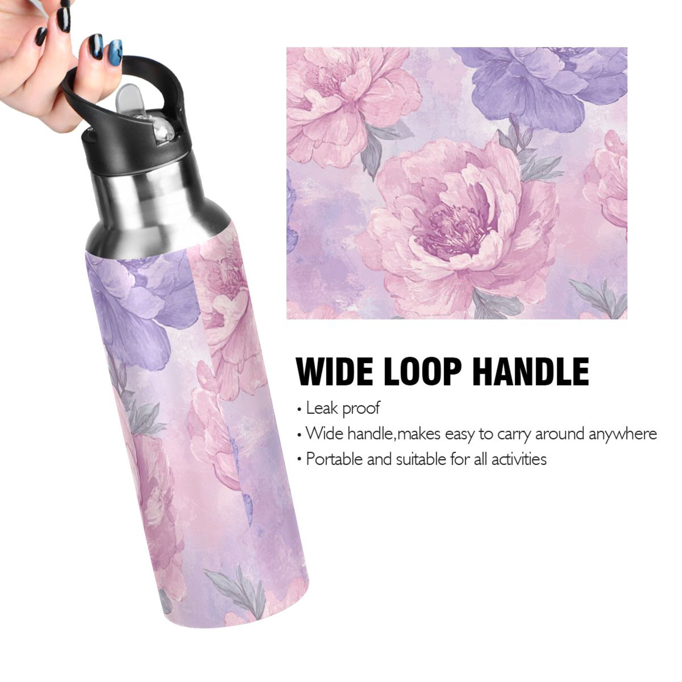 Pink and Lilac Peony Flowers Sports Bottle with Straw Stainless Steel Water Jug Portable Thermal Cup Leak-proof 600ML