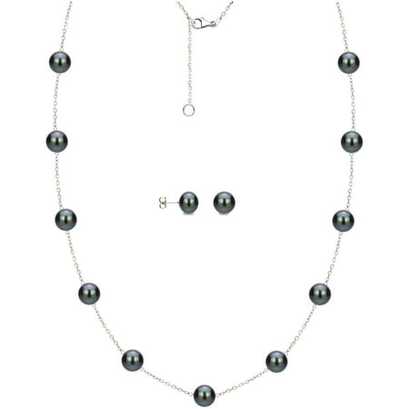 7mm x 8mm Black Cultured Freshwater Pearl Sterling Silver Station Necklace and Matching Earring Set, 18 with 2 Extender