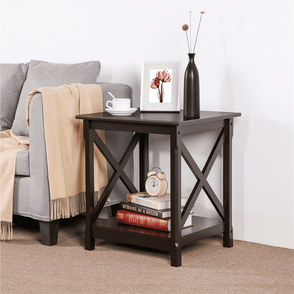 Renwick Modern X Design Wood End Table with Storage Shelf for Living Room, Espresso
