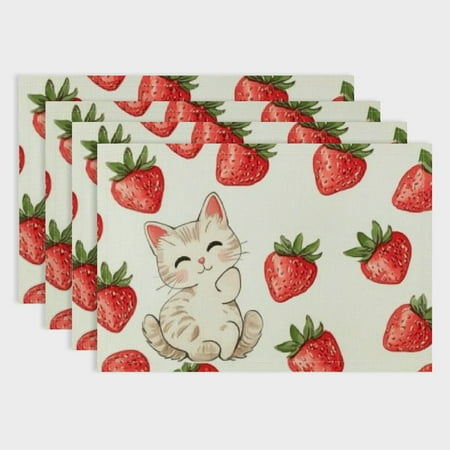 

Autua Kawaii Cat Place Mats Set of 4 Watercolor Strawberry Lovely Cartoon Animal Table Mats for Kids Girls Teens Cute Kitten Animals Sweet Fruits Kitchen Mats for Dining Table 18x12in