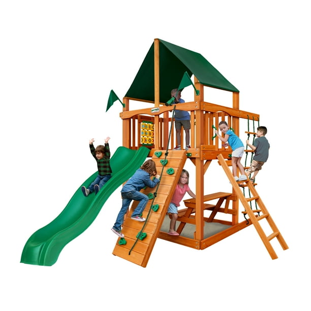 Gorilla Playsets Chateau Tower Wooden Playset with Sunbrella® Canvas Canopy, Rock Climbing Wall