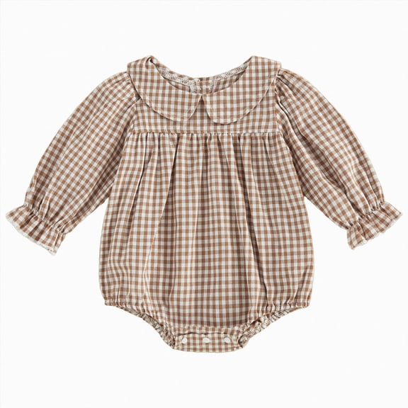 Xyant Baby Girl Fall Outfit Plaid Print Peter Pan Collar Puff Long Sleeve Bubble Romper Gingham Bodysuit Infant Winter Clothes (Khaki,9-12 Months)