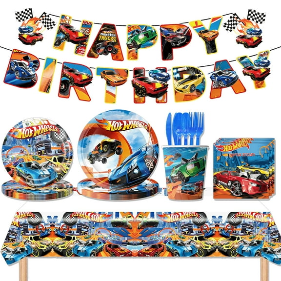 JMOCD 142Pcs Blue Racing Cars Party Tableware Set, Birthday Party Supplies Decorations Set, tablecloth,Banner,Plates, Cutlery,Cups,20 Guests