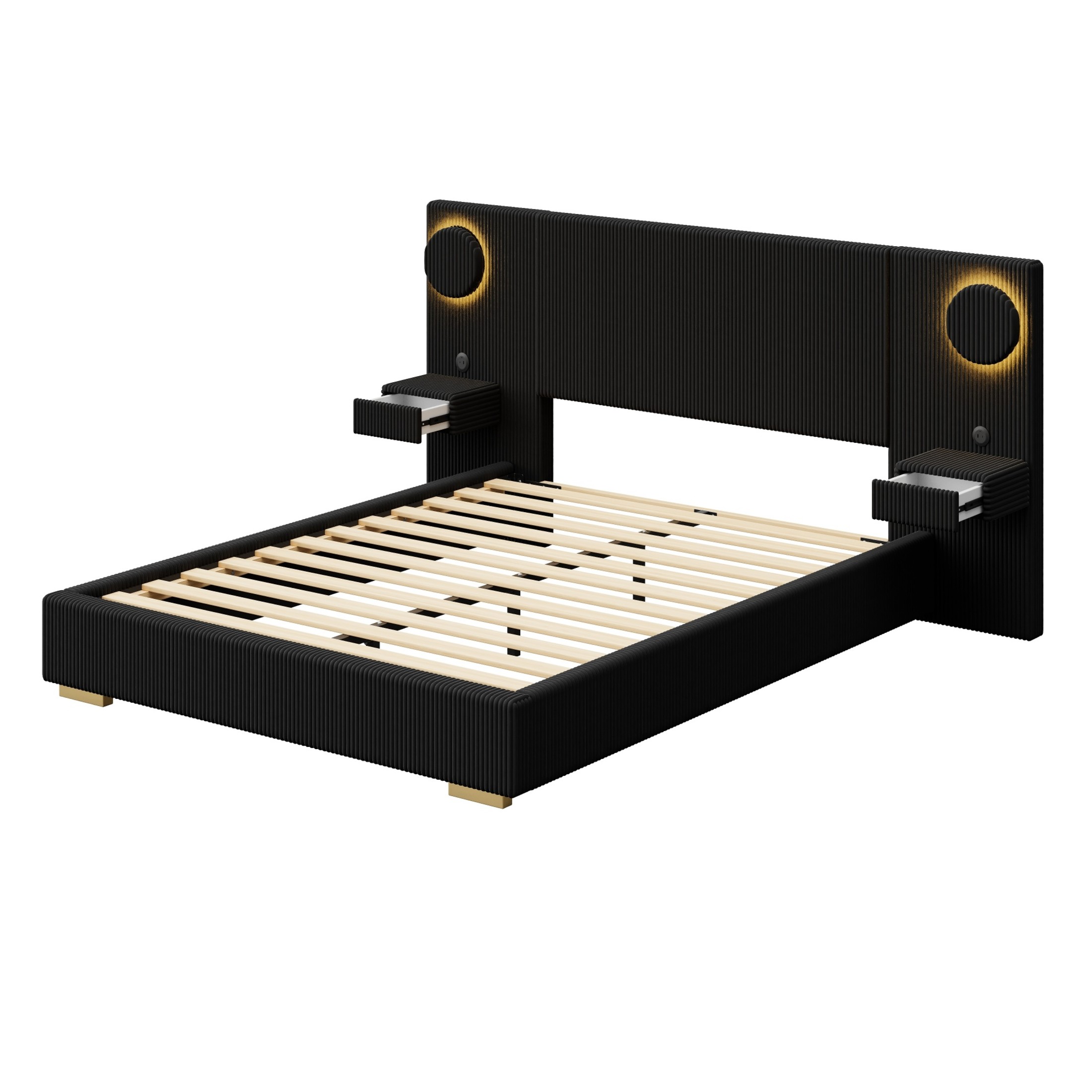 Noble House Dellas Queen Size Upholstered Platform Bed with LED Lights, Charging Ports & Side Storage Drawers, Black