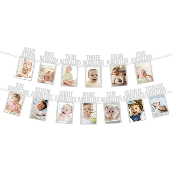 1st Birthday Baby Photo Banner， Silver Glitter 1 to 12 Month Growth Record Photos Banner ，for Newborn Baby's First Birthday Party Decorations