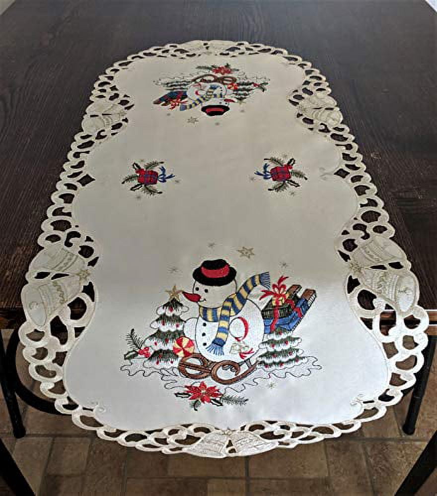 Doily Boutique Christmas Table Runner with a Snowman on Ivory Fabric Size 34 x 15 inches