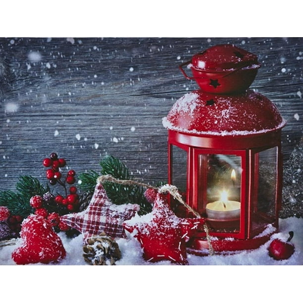 Battery Operated LED Lighted Red Candle Lantern Canvas