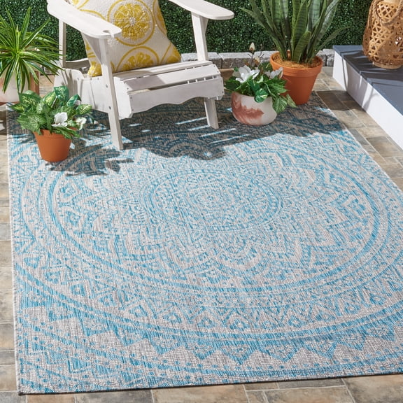 SAFAVIEH Courtyard Josiah Floral Medallion Indoor/Outdoor Area Rug, 5'3" x 7'7", Light Grey/Aqua
