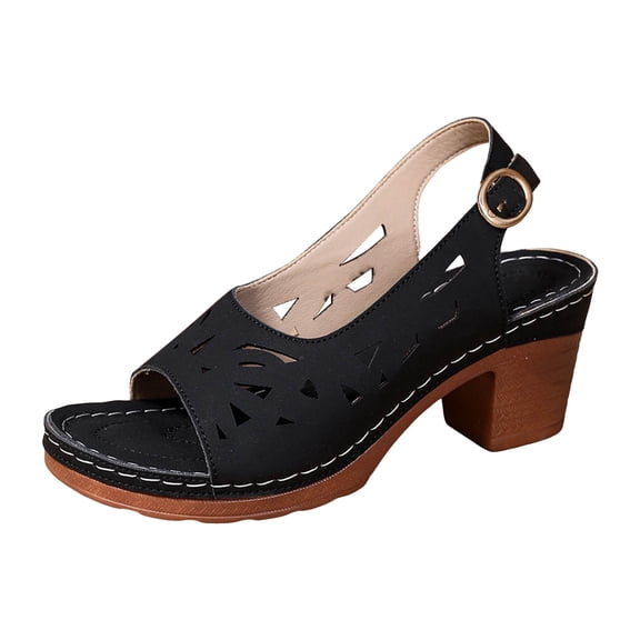 Women's Sandals Chunky Heel Retro Dress Shoes Breathable Open Toe Adjustable Ankle Strap Beach Sandal Black Size 9.5