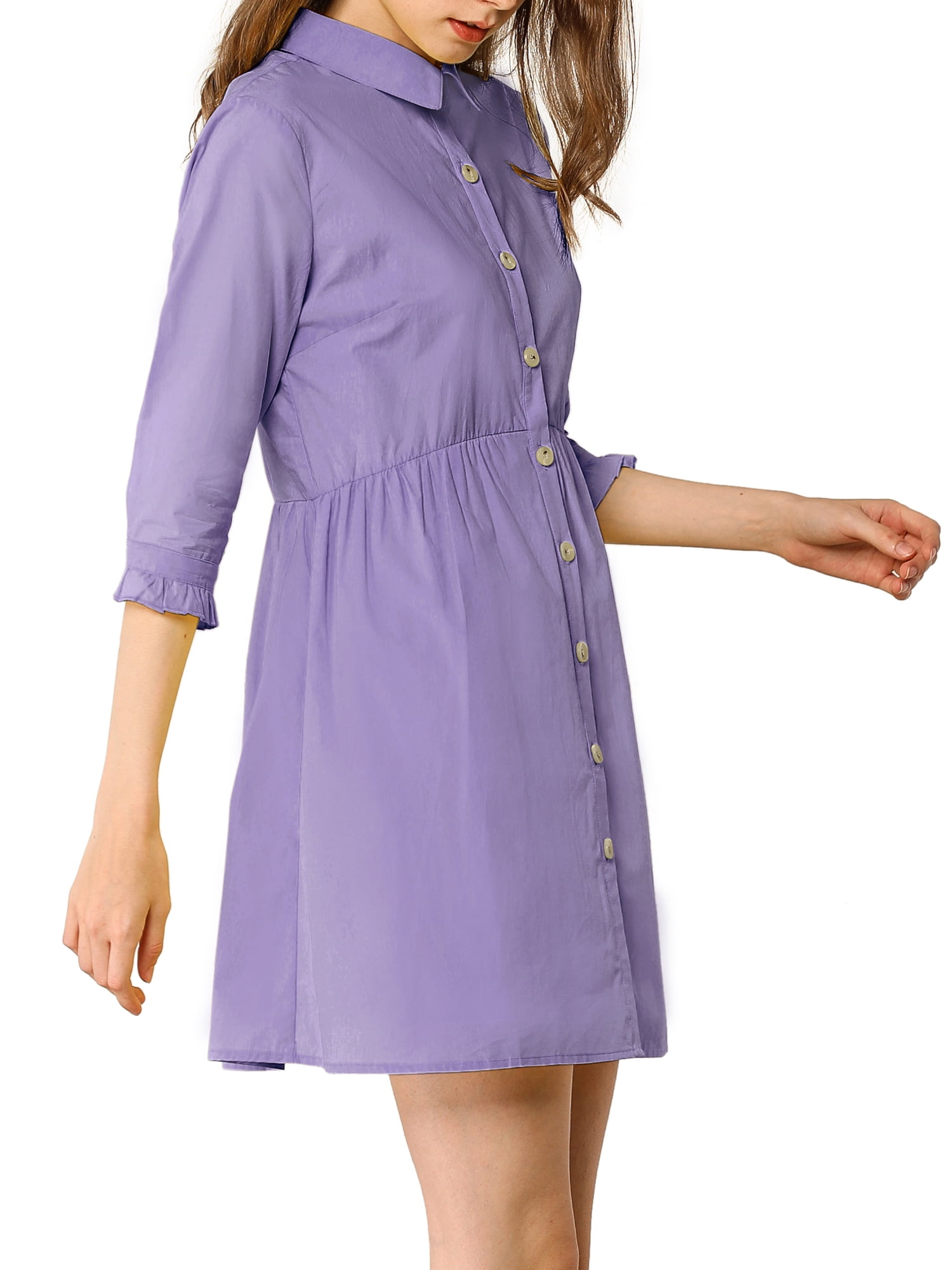 DARING DIVA Elegant Collar Flare 3/4 Sleeve Button Mini Shirt Dress S Purple
