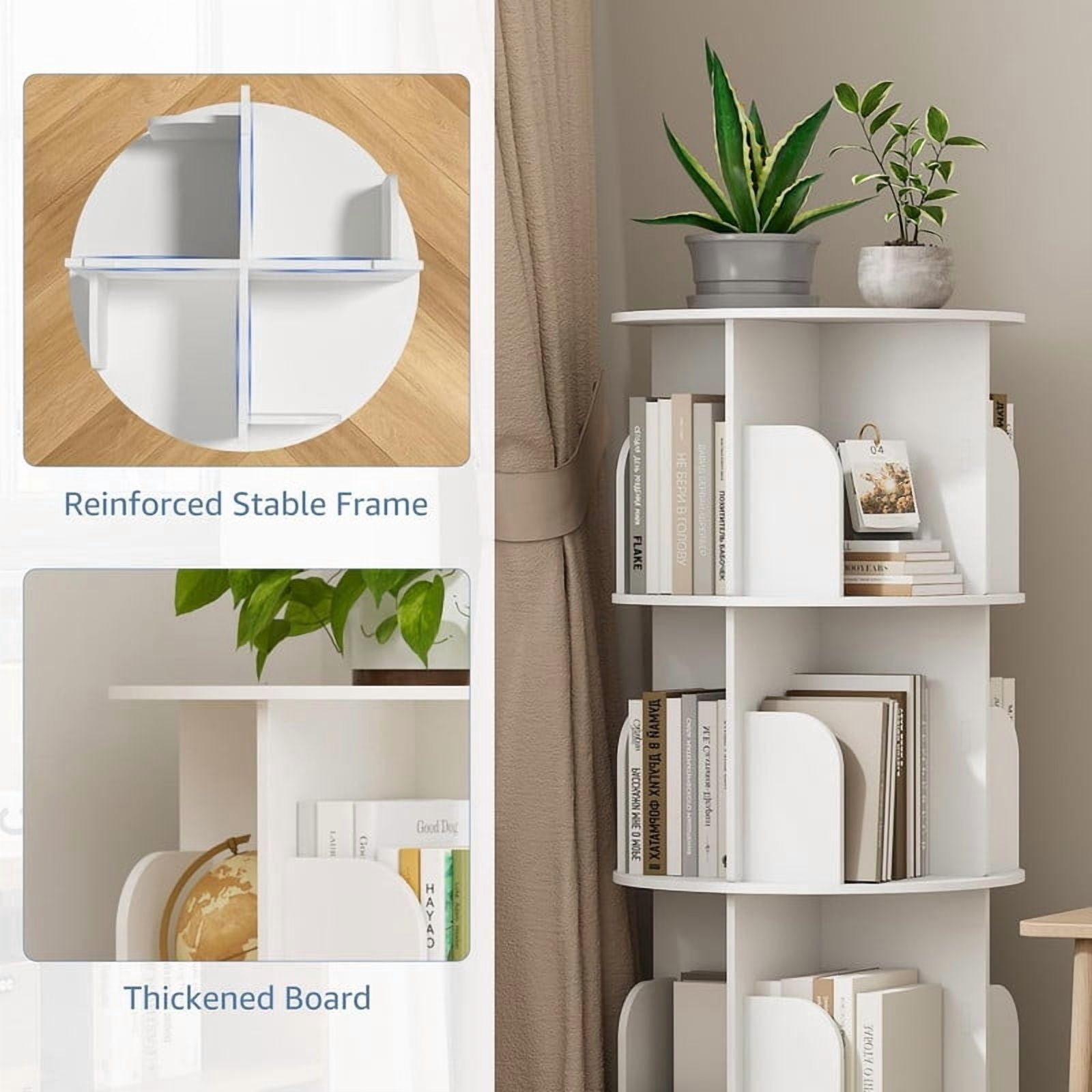 Simenmax 4-Tier Rotating Bookshelf Tower – 360° Spinning Bookcase for Small Spaces, Freestanding Vertical Corner Shelf for Bedroom, Living Room, Study, White