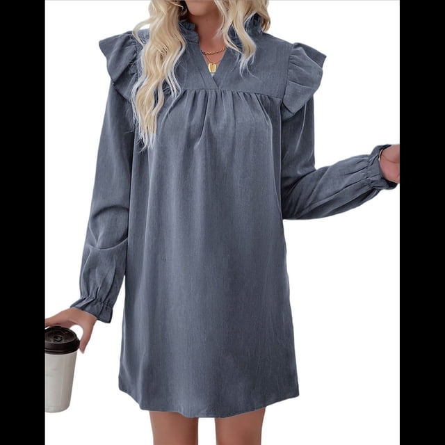 Vestido de Mujer de Larga con Cuello Alto Holgado y Costuras con Volantes Azul L