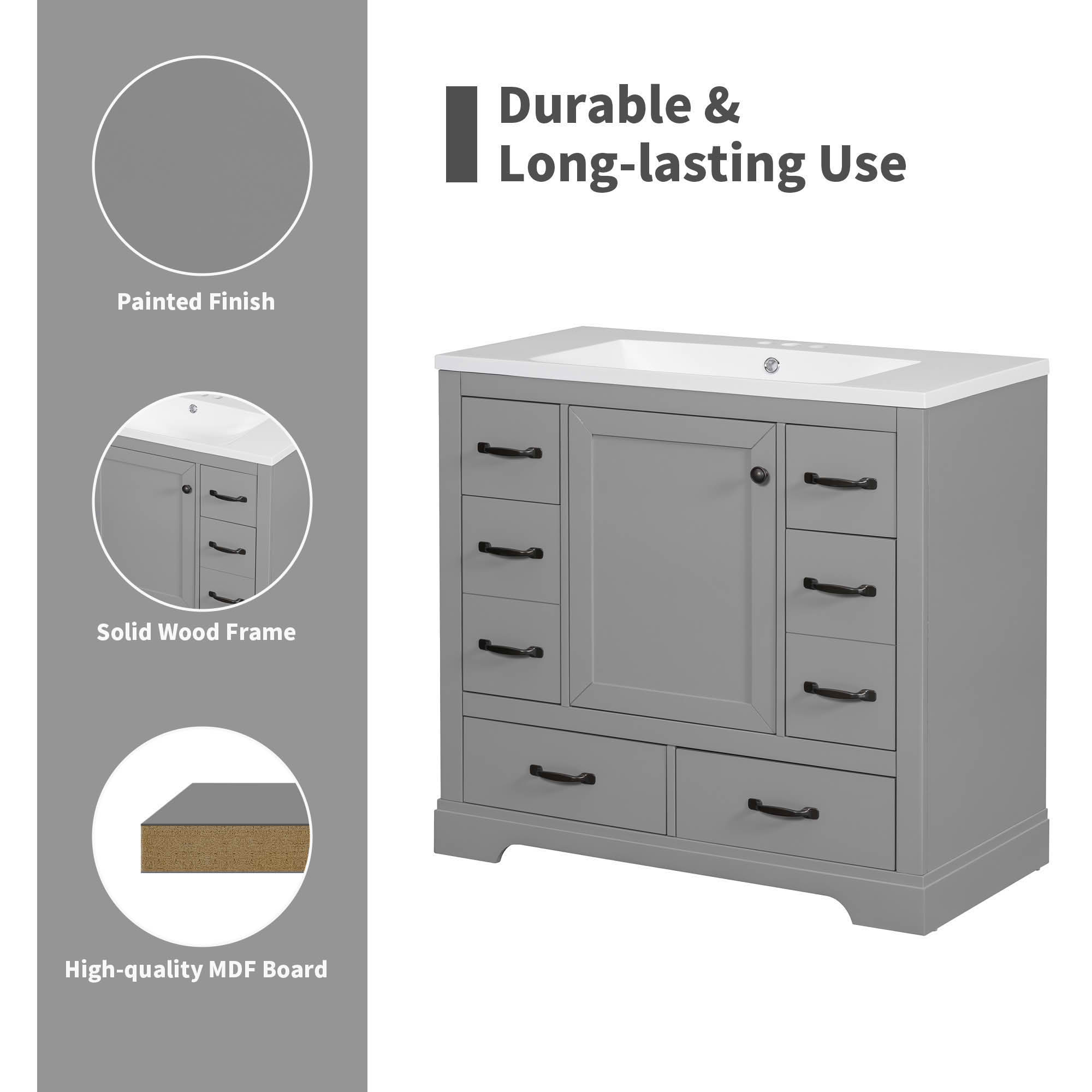 MAYEERTY 36" Bathroom Vanity without Sink 6 Drawers Drawer Divider Adjustable Shelf Gray