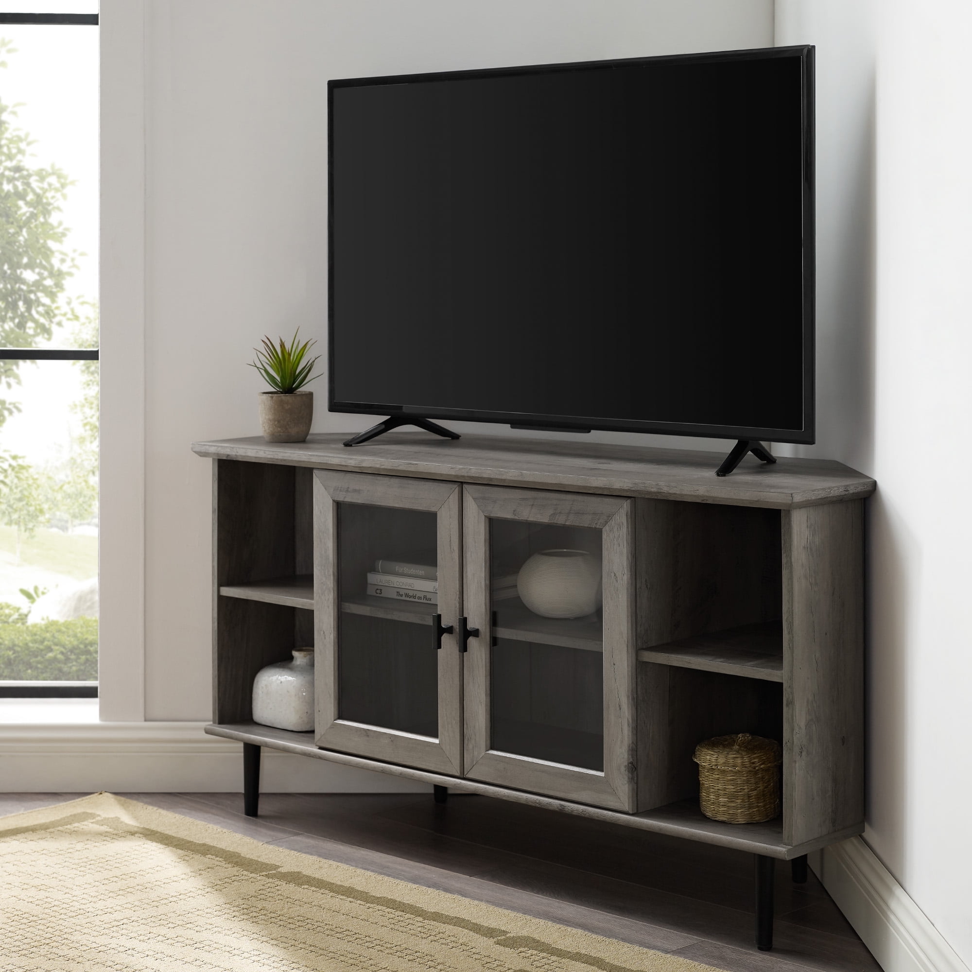 Manor Park Glass Door Corner TV Stand for TVs up to 55", Grey Wash