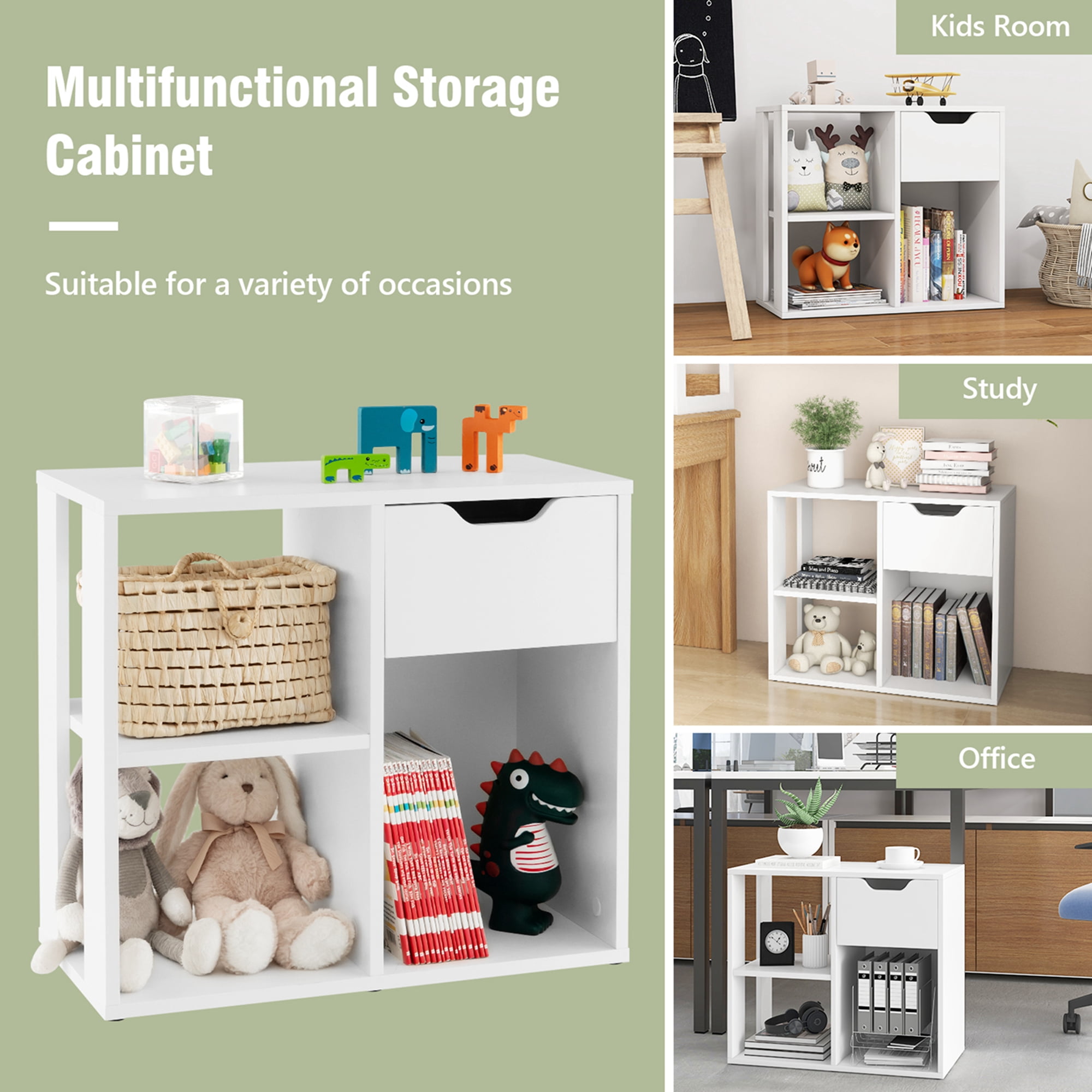 Costway 3-Cube Bookcase Organizer with 2-tier Wooden Storage Shelf & Pull-out Drawer