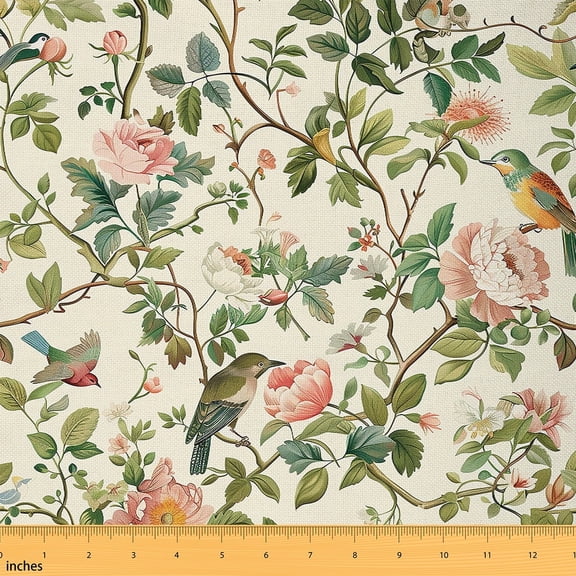 Erosebridal Birds Watercolor Fabric By The Yard, Retro Chic Leaves Indoor Outdoor Fabric, Chinese Style Aesthetics Upholstery Fabric, Botanical Flowers Decorative Fabric, 1 Yard