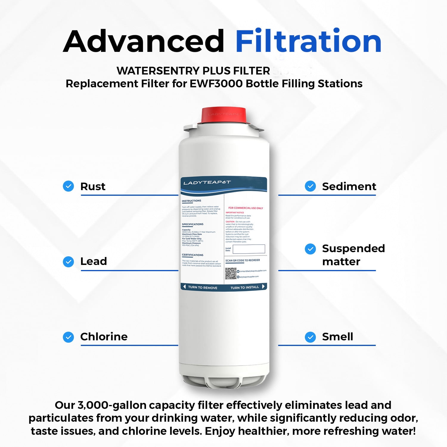 Water Filter Replacement Compatible With Elkay 51300C WaterSentry EWF3000, ezH20 Bottle Filling Stations (No Chip - 1 Pack)