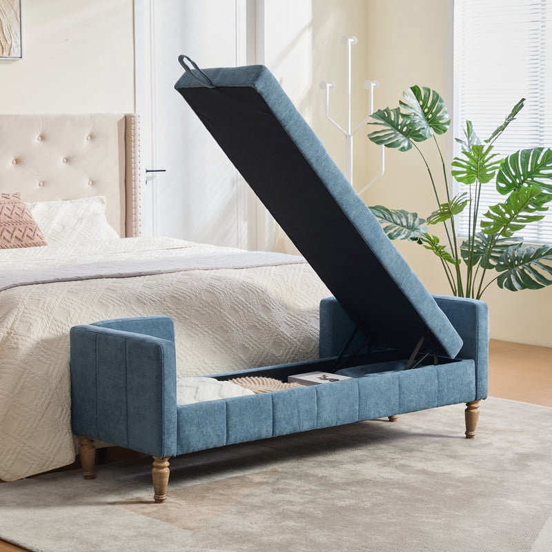 AISWORD 64.6"W Chenille Storage Bench with Armrests & Backrest,Flip-Top End of Bed Bench,Tufted Footrest Ottoman,2 Bolsters,Whitewashed Rubberwood Legs for Living Room,Hallway,Entryway,Bedroom,Blue