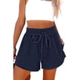 thumbnail image 1 of Estrela Pantalones cortos con cordón para mujer, cintura elástica, cintura alta, bolsillos laterales de Color puro, pantalones cortos de pierna ancha para mujer, azul oscuro M, 1 of 6
