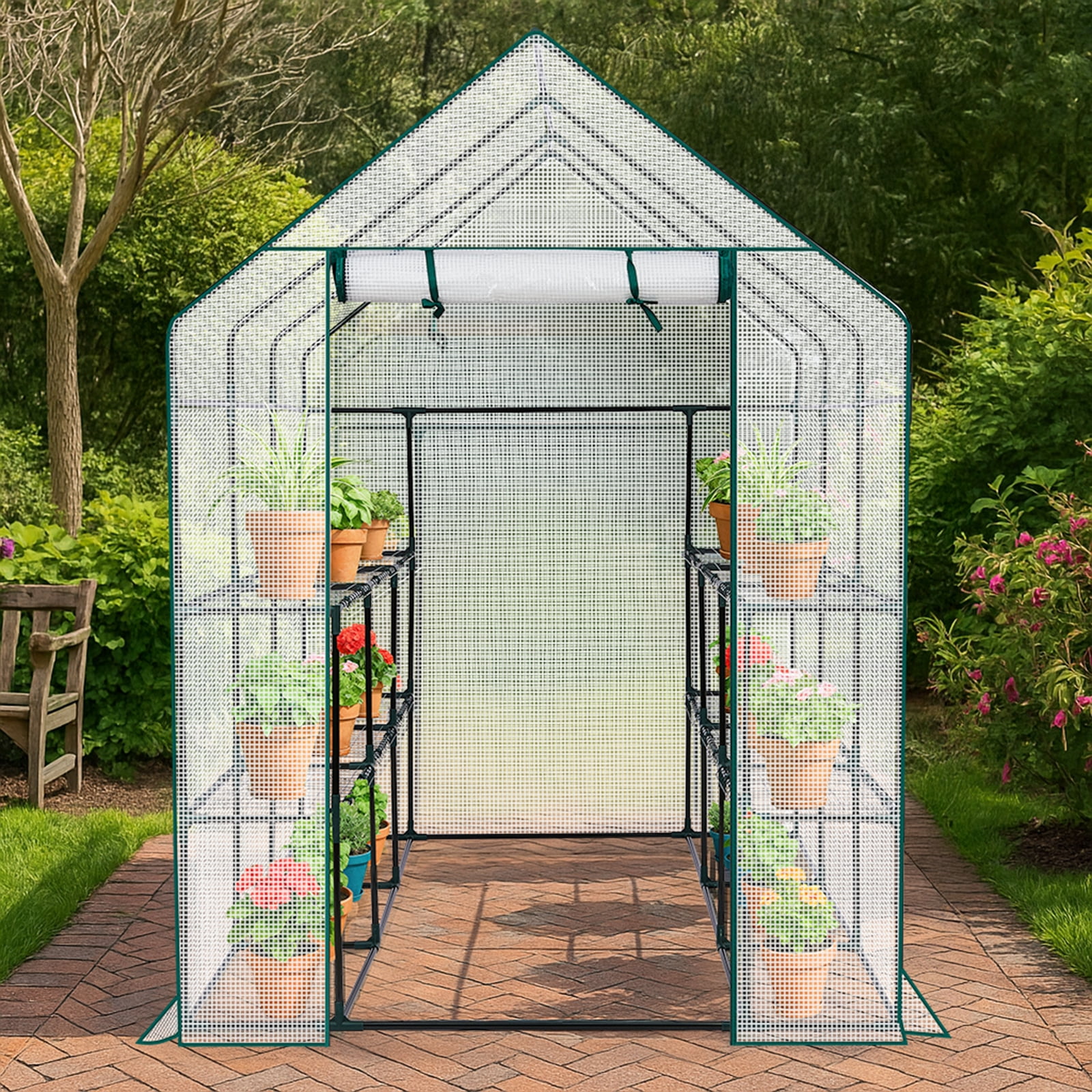Walk-in Greenhouse 56×85×77 in, 12-Shelf Plant Green House with Roll-Up Zipper Door & Side Windows, Powder-Coated Steel Frame, Weather-Resistant PE Cover for Backyard Patio Garden