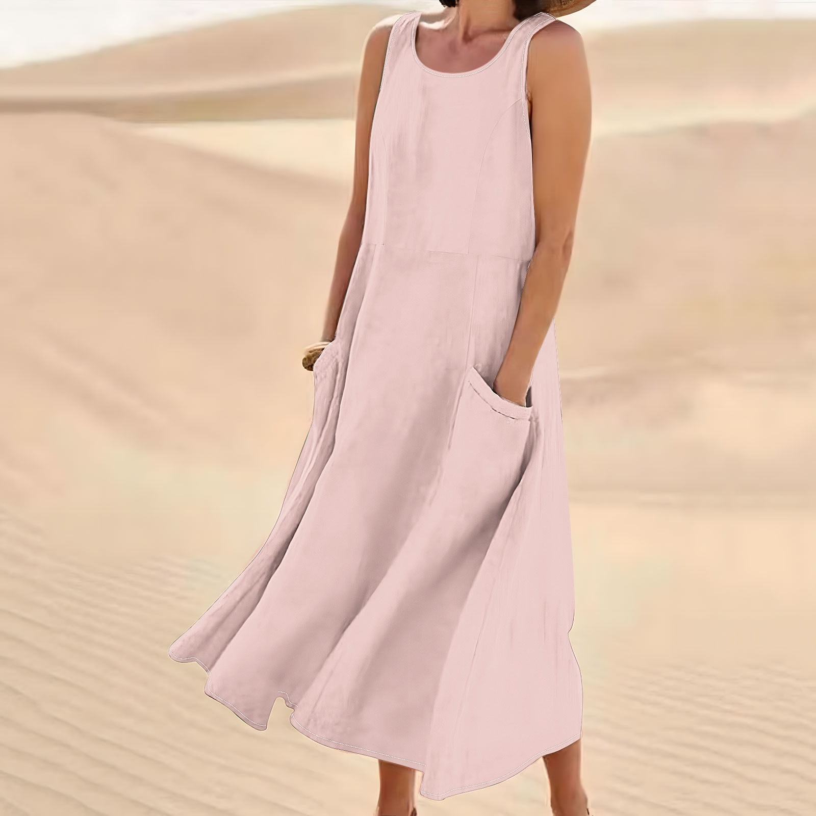 Fête du Canada Kcavykas Savngs d'Automne, Cadeaux de Noël à la Mode, Robe Longue Sans Manches en Coton et Lin Col Rond Couleur Unie avec Poche