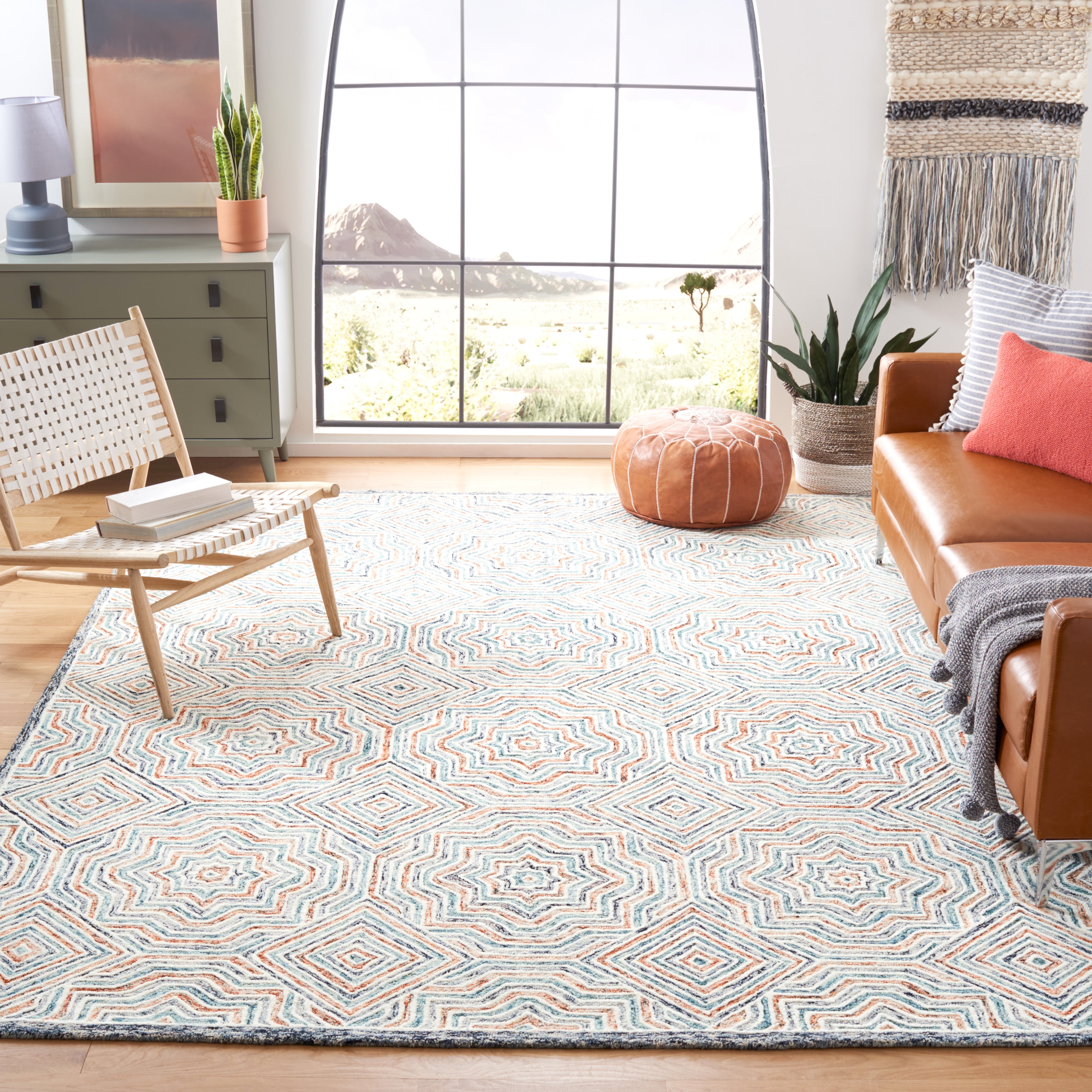 SAFAVIEH Capri Layla Geometric Wool Area Rug, Blue/Rust, 9' x 12'