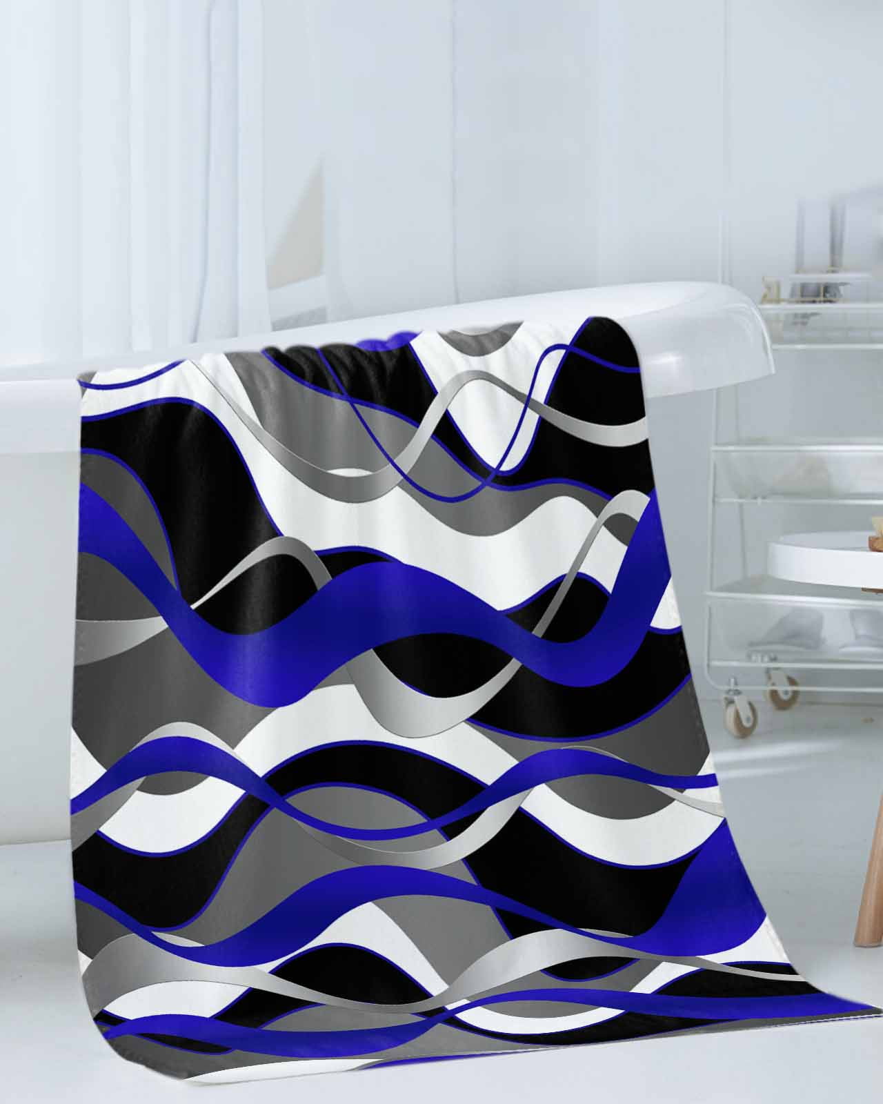 Blue Stripe Bath Towels for Bathroom Set,Luxury Microfiber Towels Gifts for Women,Beach Kitchen Hand Hair Face Towel and Dish Washcloth,Ombre Grey Moire Geometric Modern Abstract Towels+Set