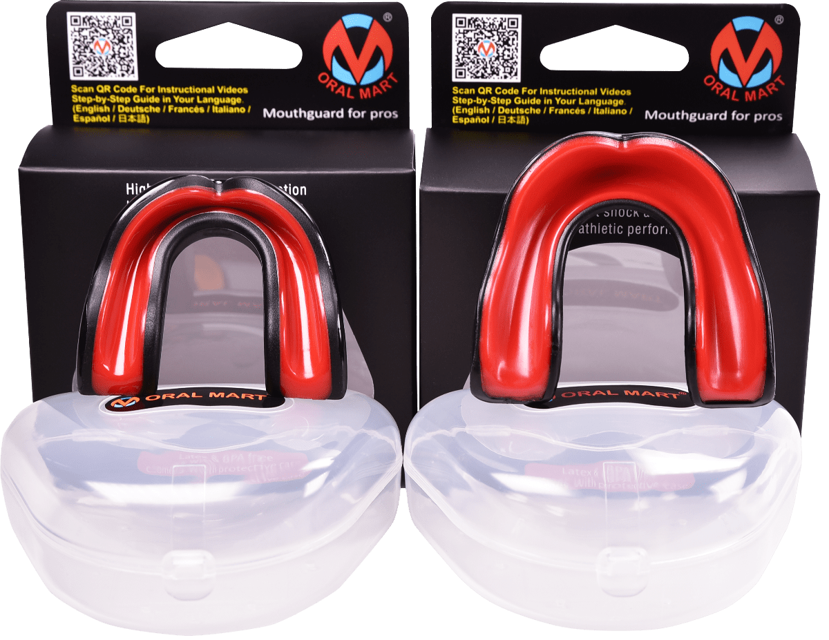 Oral Mart Adult & Youth Mouth Guard Sparring Comes with Case Flag Football - Cushion Sports Mouth Guard for Karate Black/Red & Black/White & Black/Blue Taekwondo Rugby for Kids/Adults Boxing 