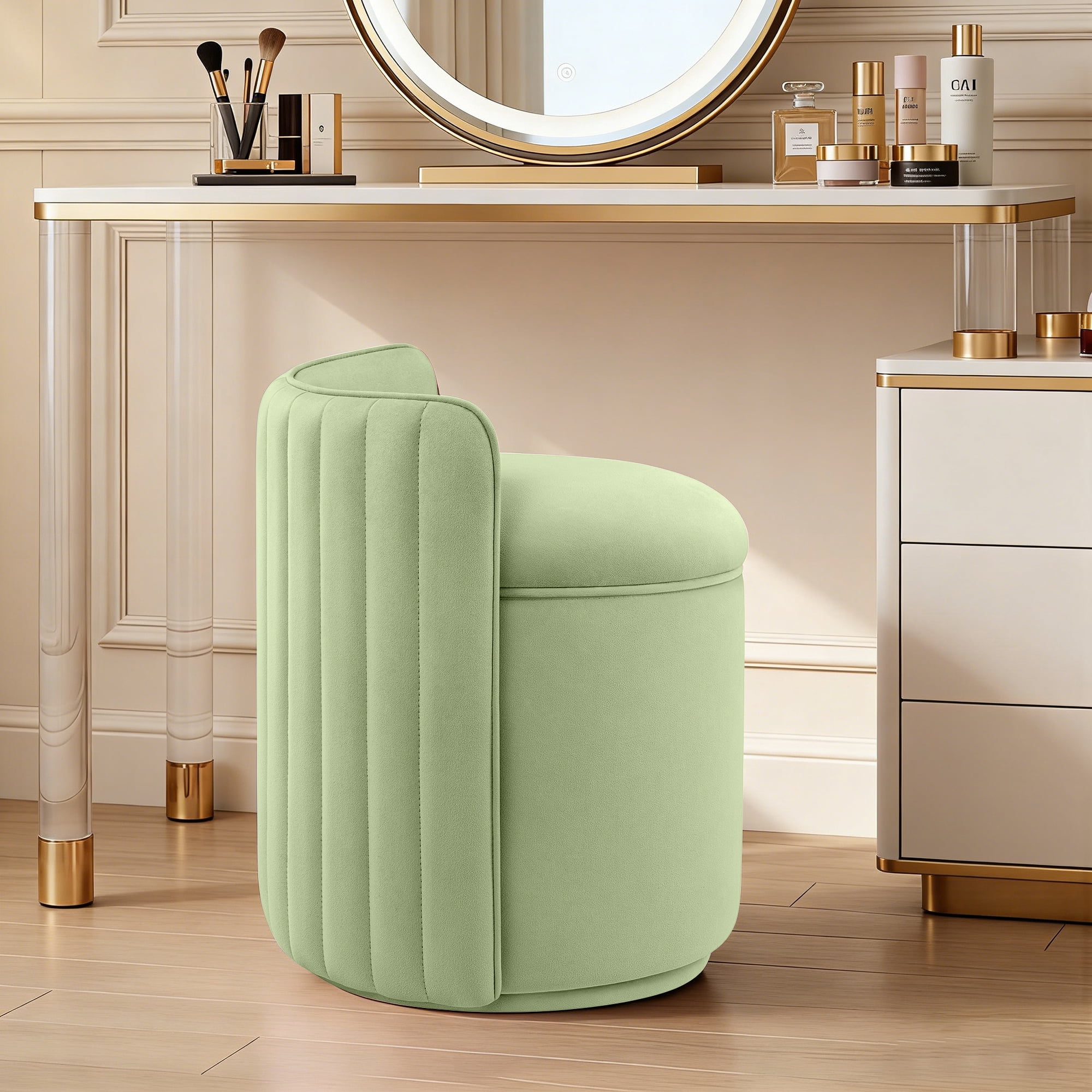 ATHOPE Vanity Chair with Storage, Velvet 360° Swivel Chair with Back, Modern Round Upholstered Bedroom Chair, Comfy Makeup Chair for Dressing, Living Room, No Assembly Required, Green